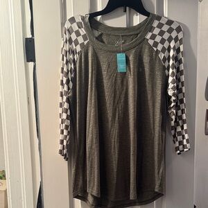 Maurices Olive and Checkered Long Sleeve Top